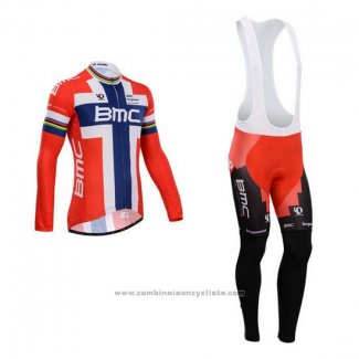 2014 Maillot Cyclisme BMC Champion Norvege Bleu et Rouge Manches Longues et Cuissard