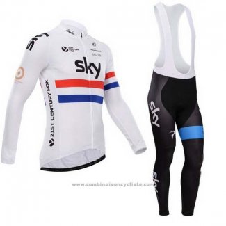 2014 Maillot Cyclisme Sky Champion Regno Unito Blanc Manches Longues et Cuissard