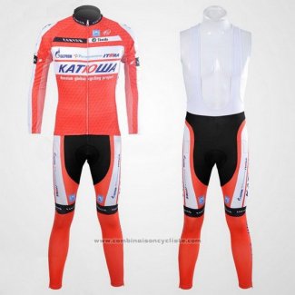 2012 Maillot Cyclisme Katusha Blanc et Orange Manches Longues et Cuissard