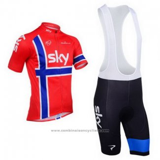 2013 Maillot Cyclisme Sky Champion Norvege Bleu et Rouge Manches Courtes et Cuissard