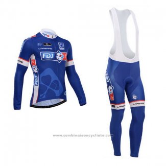 2014 Maillot Cyclisme FDJ Bleu Manches Longues et Cuissard