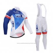 2015 Maillot Cyclisme FDJ Blanc et Bleu Manches Longues et Cuissard