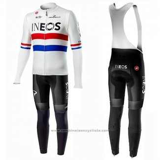 2019 Maillot Cyclisme Ineos Champion UK Blanc Manches Longues et Cuissard
