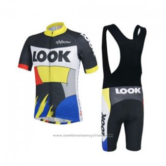 2018 Maillot Cyclisme Look Noir Jaune Bleu Manches Courtes Cuissard