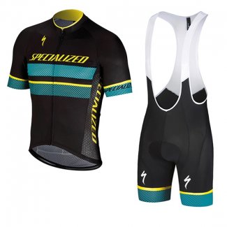 2018 Maillot Cyclisme Specialized Noir Bleu Jaune Manches Courtes et Cuissard