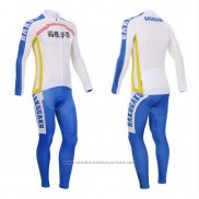 2014 Maillot Cyclisme Fox Cyclingbox Blanc et Bleu Manches Longues et Cuissard