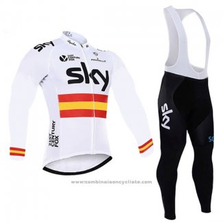 2017 Maillot Cyclisme Sky Champion Espagne Blanc Manches Longues et Cuissard