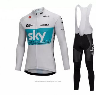 2018 Maillot Cyclisme Sky Blanc et Bleu Manches Longues et Cuissard