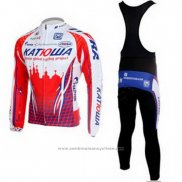 2011 Maillot Cyclisme Katusha Blanc et Rouge Manches Longues et Cuissard