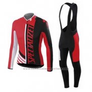 2015 Maillot Cyclisme Specialized Noir et Brillant Rouge Manches Longues et Cuissard