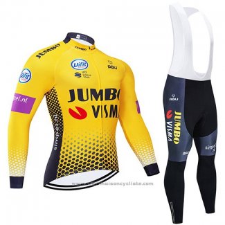 2019 Maillot Cyclisme Jumbo Visma Jaune Noir Manches Longues et Cuissard