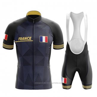 2020 Maillot Cyclisme Champion France Profond Bleu Jaune Manches Courtes et Cuissard