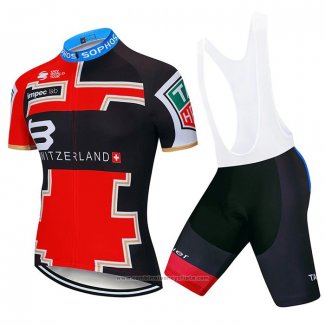 2020 Maillot Cyclisme Suisse Rouge Noir Bleu Manches Courtes et Cuissard