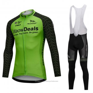 2018 Maillot Cyclisme Waowdeals Vert et Noir Manches Longues et Cuissard