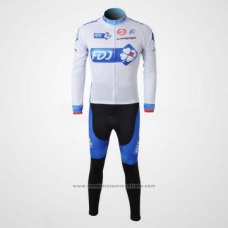 2010 Maillot Cyclisme FDJ Blanc et Bleu Clair Manches Longues et Cuissard