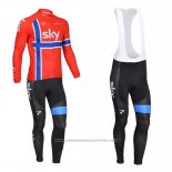 2013 Maillot Cyclisme Sky Champion Norvege Bleu et Rouge Manches Longues et Cuissard