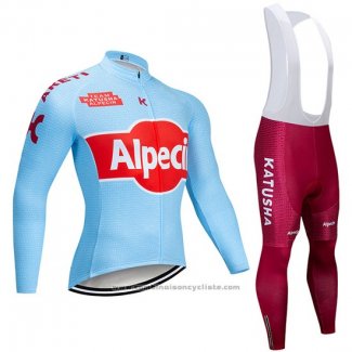 2019 Maillot Cyclisme Katusha Alpecin Bleu Rouge Manches Longues et Cuissard