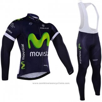 2016 Maillot Cyclisme Movistar Blanc et Bleu Manches Longues et Cuissard