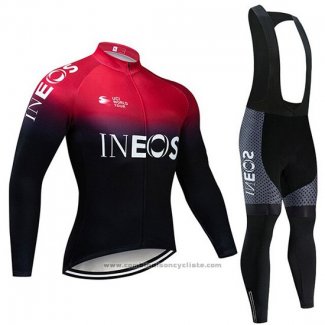 2019 Maillot Cyclisme Castelli Ineos Noir Rouge Manches Longues et Cuissard