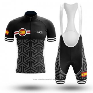 2020 Maillot Cyclisme Champion Espagne Noir Manches Courtes et Cuissard