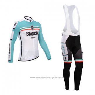 2014 Maillot Cyclisme Bianchi Vert et Blanc Manches Longues et Cuissard