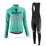 2016 Maillot Cyclisme Femme Bianchi Noir et Vert Manches Longues et Cuissard