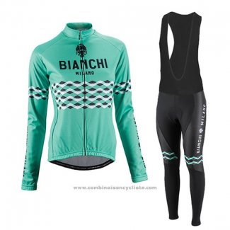 2016 Maillot Cyclisme Femme Bianchi Noir et Vert Manches Longues et Cuissard