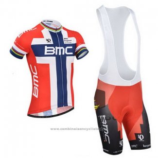 2014 Maillot Cyclisme BMC Champion Norvege Bleu et Rouge Manches Courtes et Cuissard