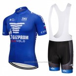 2018 Maillot Cyclisme Gazprom Rusvelo Bleu et Blanc Manches Courtes et Cuissard