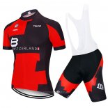 2020 Maillot Cyclisme Suisse Rouge Noir Manches Courtes et Cuissard