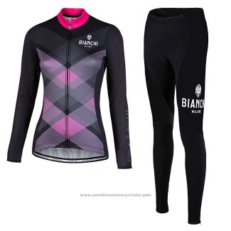 Maillot Cyclisme Femme Bianchi Milano Cornedo Noir Rose Manches Longues et Cuissard