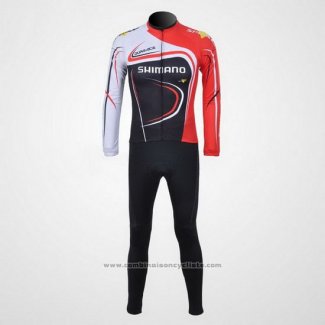 2011 Maillot Cyclisme Shimano Rouge et Noir Manches Longues et Cuissard