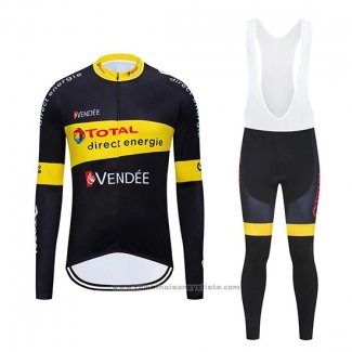 2019 Maillot Cyclisme Direct Energie Noir Jaune Manches Longues et Cuissard