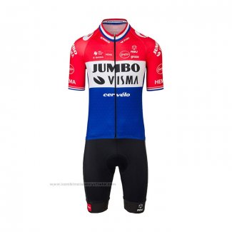 2022 Maillot Cyclisme Jumbo Visma Rouge Blanc Bleu Manches Courtes et Cuissard