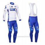 2013 Maillot Cyclisme FDJ Blanc et Azur Manches Longues et Cuissard