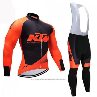 2019 Maillot Cyclisme Ktm Noir Orange Manches Longues et Cuissard