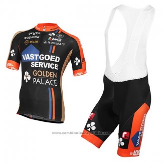 2015 Maillot Cyclisme Vastgoedservice Golden Palace Noir et Orange Manches Courtes et Cuissard