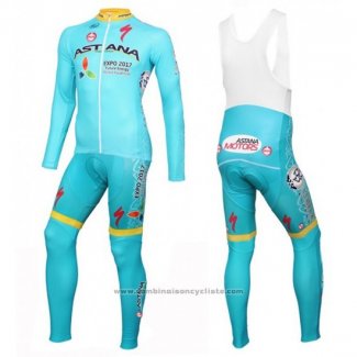 2016 Maillot Cyclisme Astana Bleu Clair et Jaune Manches Longues et Cuissard