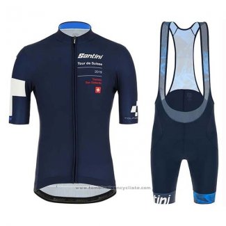 2019 Maillot Cyclisme Tour de Suisse Fonce Bleu Blanc Manches Courtes et Cuissard