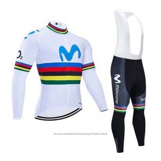 2020 Maillot Cyclisme UCI Mondo Champion Movistar Blanc Bleu Manches Longues et Cuissard