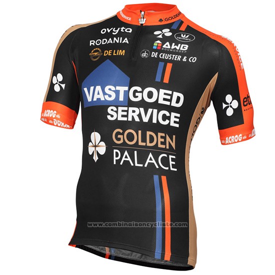 2015 Maillot Cyclisme Vastgoedservice Golden Palace Noir et Orange Manches Courtes et Cuissard
