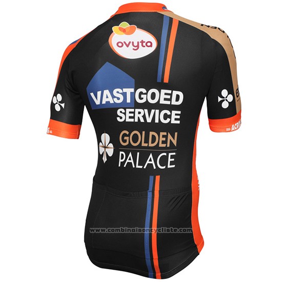 2015 Maillot Cyclisme Vastgoedservice Golden Palace Noir et Orange Manches Courtes et Cuissard