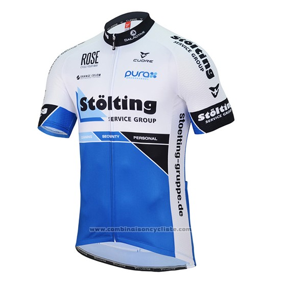 2017 Maillot Cyclisme Stolting Blanc et Bleu Manches Courtes et Cuissard