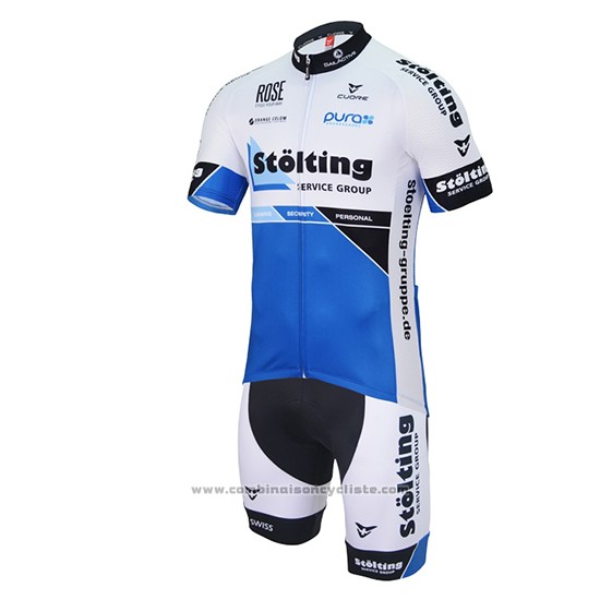 2017 Maillot Cyclisme Stolting Blanc et Bleu Manches Courtes et Cuissard