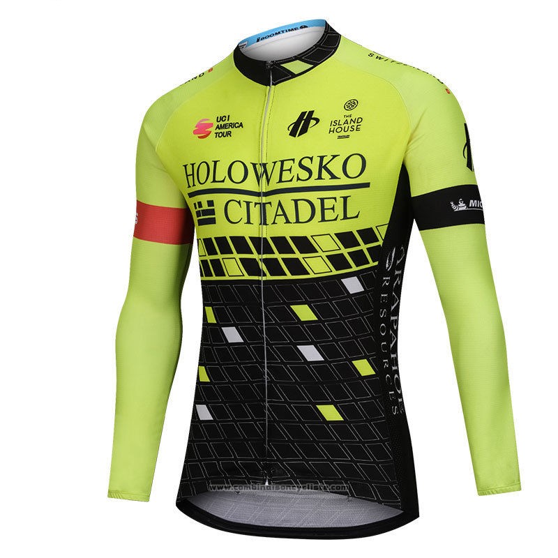 2018 Maillot Cyclisme Holowesko Citadel Vert et Noir Manches Longues et Cuissard