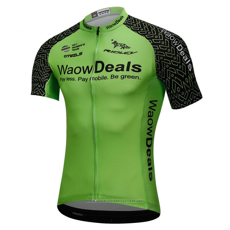 2018 Maillot Cyclisme Waowdeals Vert et Noir Manches Courtes et Cuissard