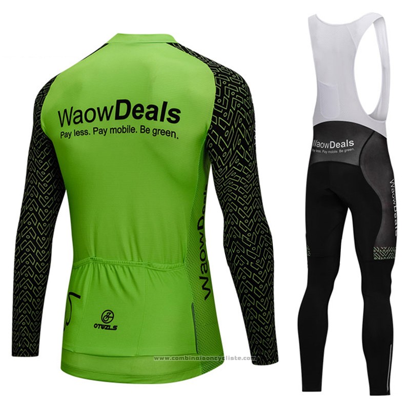 2018 Maillot Cyclisme Waowdeals Vert et Noir Manches Longues et Cuissard