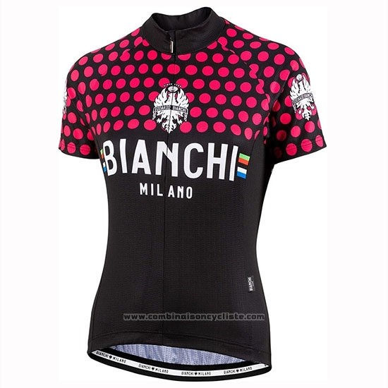 2019 Maillot Cyclisme Femme Bianchi Dot Noir Rouge Manches Courtes et Cuissard