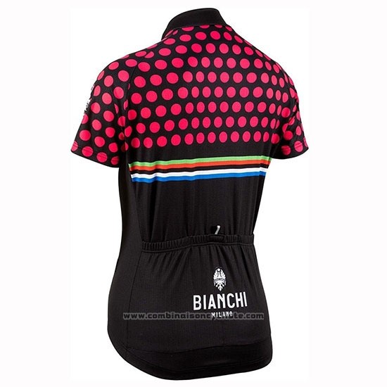 2019 Maillot Cyclisme Femme Bianchi Dot Noir Rouge Manches Courtes et Cuissard