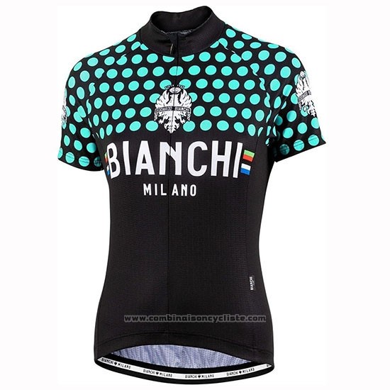 2019 Maillot Cyclisme Femme Bianchi Dot Noir Vert Manches Courtes et Cuissard
